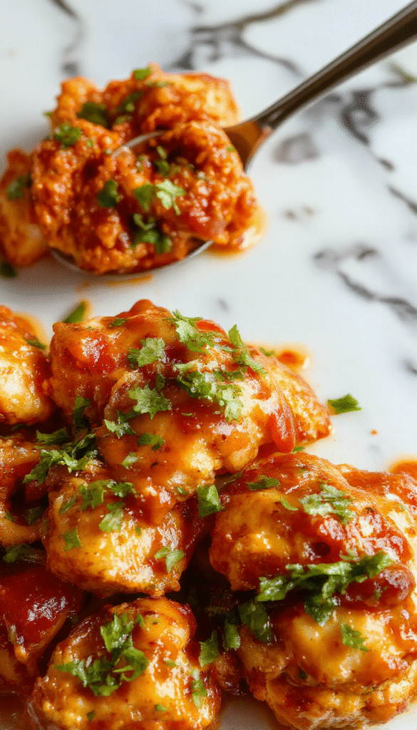A vibrant plate of golden-brown chicken pieces glazed with glossy sweet chili sauce, garnished with sliced green onions and red chili flakes on a rustic white plate, with a side of steamed jasmine rice and chopped fresh herbs, styled on a wooden table with a colorful backdrop.