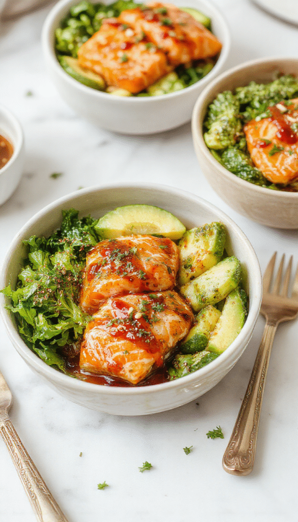 A vibrant salmon bowl featuring flaky salmon fillets coated in glossy honey glaze, topped with sesame seeds, surrounded by colorful fresh vegetables like cucumber, cherry tomatoes, and avocado slices, all arranged on a white plate with a drizzle of honey and garnished with green herbs, styled for a bright, appetizing presentation