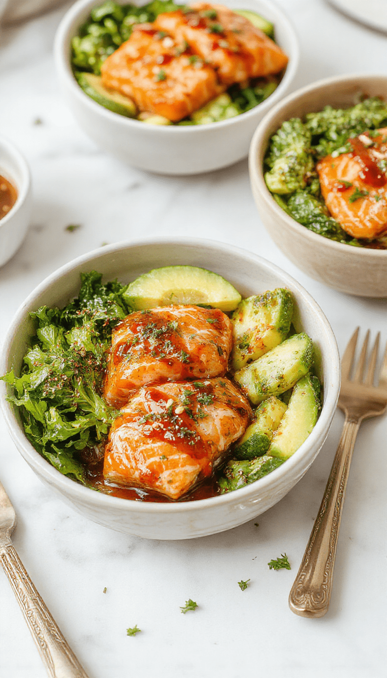 A vibrant salmon bowl featuring flaky salmon fillets coated in glossy honey glaze, topped with sesame seeds, surrounded by colorful fresh vegetables like cucumber, cherry tomatoes, and avocado slices, all arranged on a white plate with a drizzle of honey and garnished with green herbs, styled for a bright, appetizing presentation