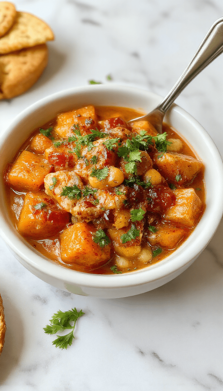 A vibrant plate of sweet potato and chickpea curry featuring golden chunks of sweet potato, creamy chickpeas, and a rich tomato-based sauce topped with fresh cilantro, served in a rustic white bowl with a side of naan bread, colorful spices sprinkled around, and a wooden spoon resting beside the dish, highlighting textures and warm autumn tones.
