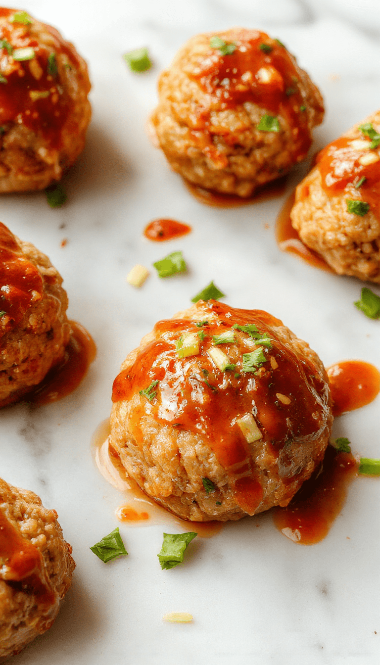Colorful Asian turkey meatballs plated on a dark ceramic dish, glazed with a glossy sweet and spicy sauce, garnished with chopped green onions and sesame seeds, with vibrant red chili slices and fresh cilantro on the side, creating a visually appealing and appetizing presentation with textures of tender meat and shiny sauce