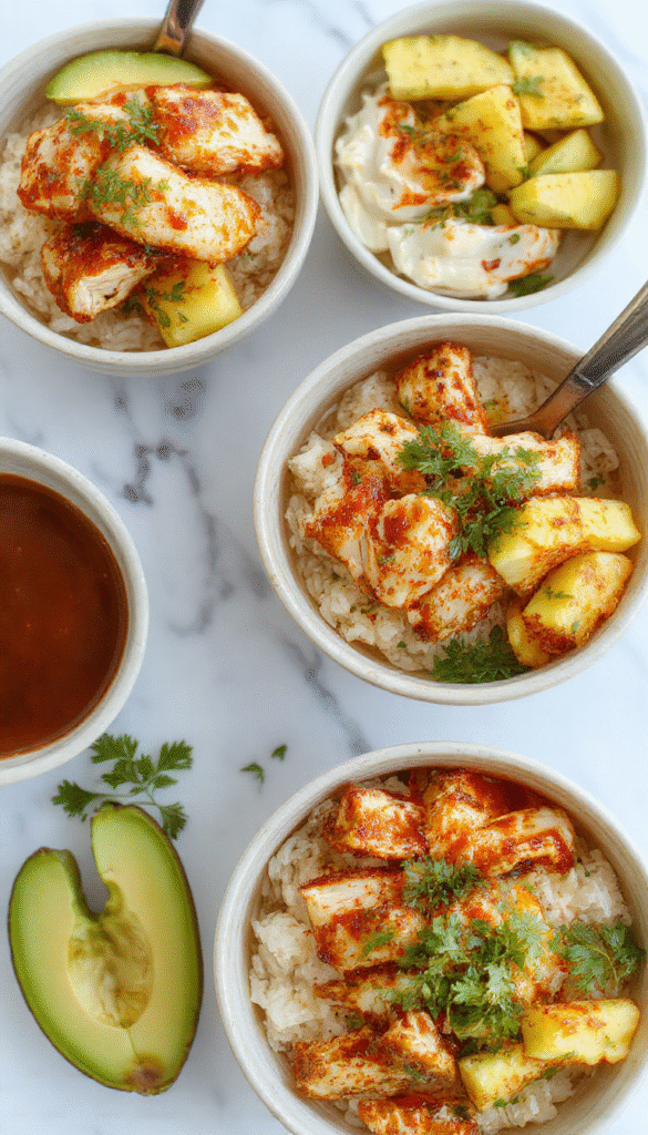 Colorful honey chipotle chicken rice bowl featuring grilled chicken glazed with spicy honey marinade, vibrant vegetables, fluffy rice, and garnished with fresh cilantro, all beautifully arranged on a white plate with a rustic wooden background.