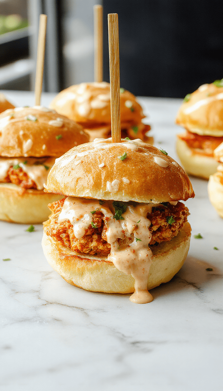 A close-up of golden-brown chicken sliders garnished with fresh herbs and drizzled with a glossy spicy sauce, served on toasted buns with vibrant vegetable toppings, styled on a rustic wooden platter with a colorful background.