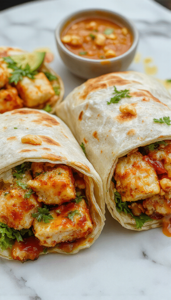 A vibrant plate featuring golden-brown chicken wraps drizzled with creamy peanut sauce, garnished with chopped peanuts and fresh cilantro, arranged on a rustic wooden table with colorful vegetables in the background.
