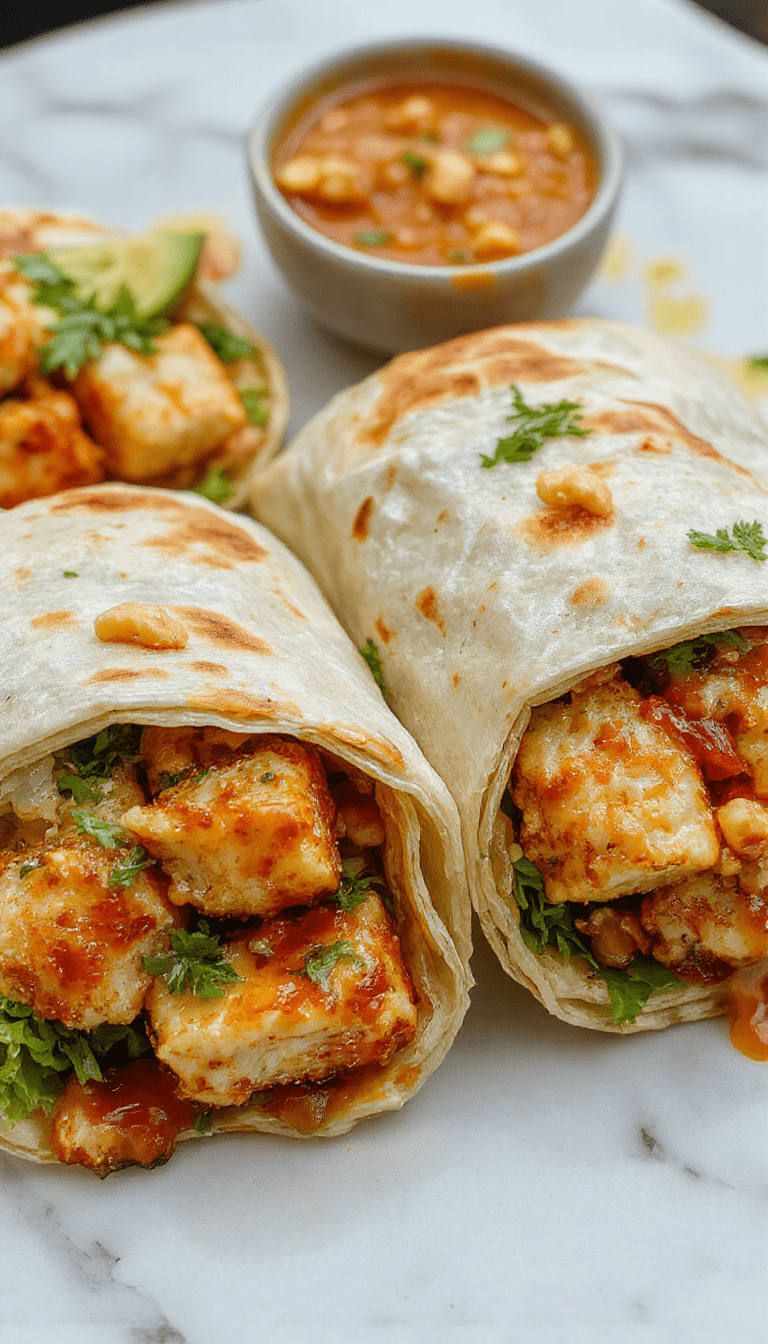 A vibrant plate featuring golden-brown chicken wraps drizzled with creamy peanut sauce, garnished with chopped peanuts and fresh cilantro, arranged on a rustic wooden table with colorful vegetables in the background.