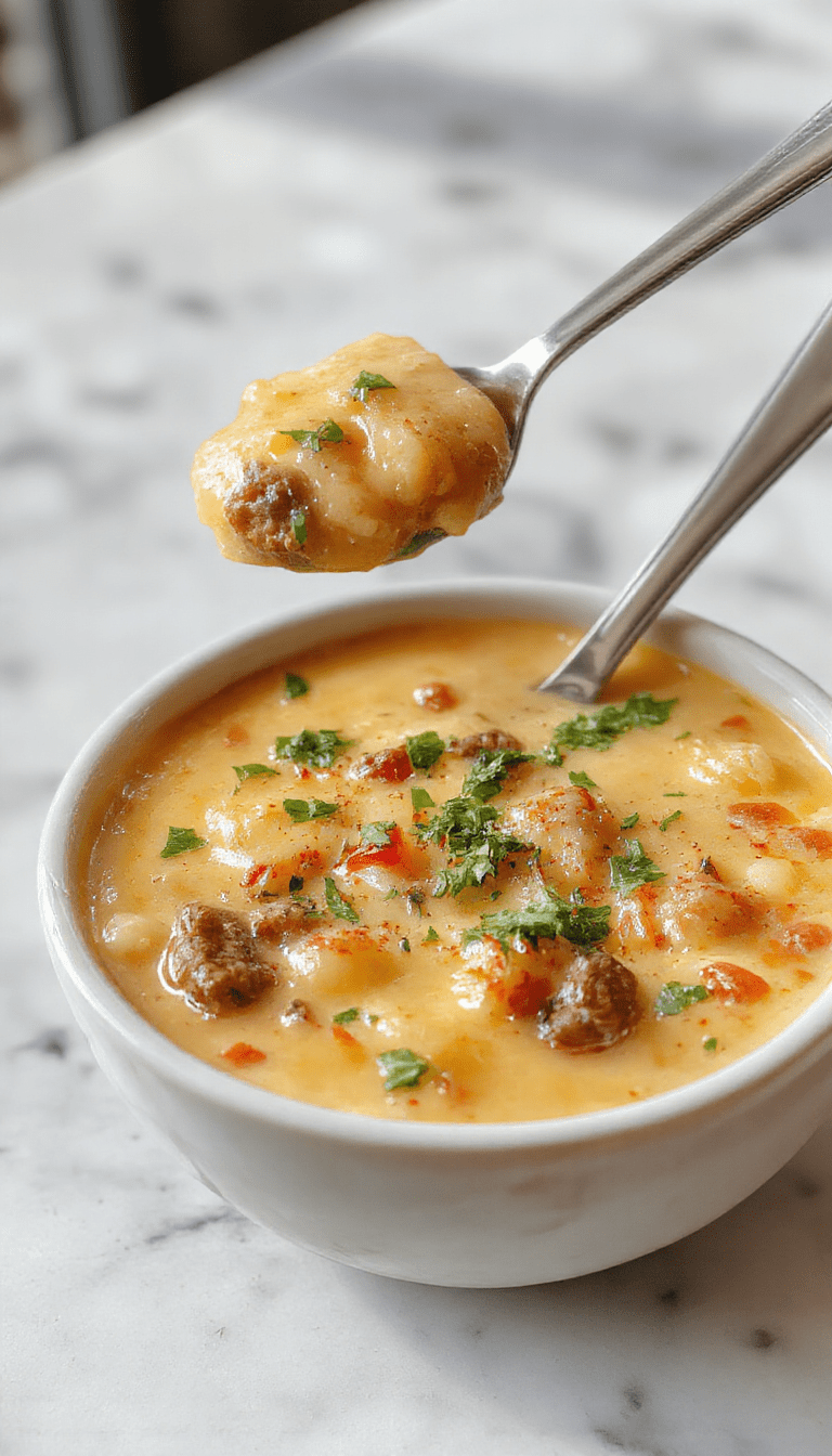 A creamy bowl of cheeseburger soup garnished with shredded cheese, chopped green onions, and crispy bacon bits on a rustic wooden table with a spoon and fresh bread in the background.