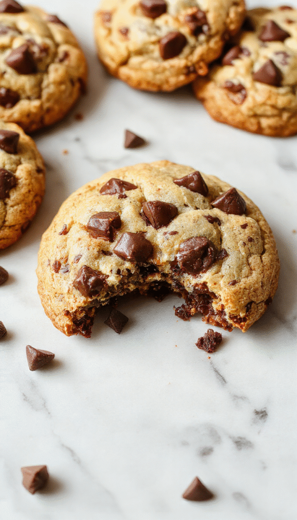 Golden-brown chocolate chip cookies arranged on a rustic wooden platter, with melting chocolate chips visible on the surface, paired with a glass of milk and sprinkled with sea salt for texture, styled simply on a light background with soft natural lighting emphasizing the crunchy edges and chewy centers.