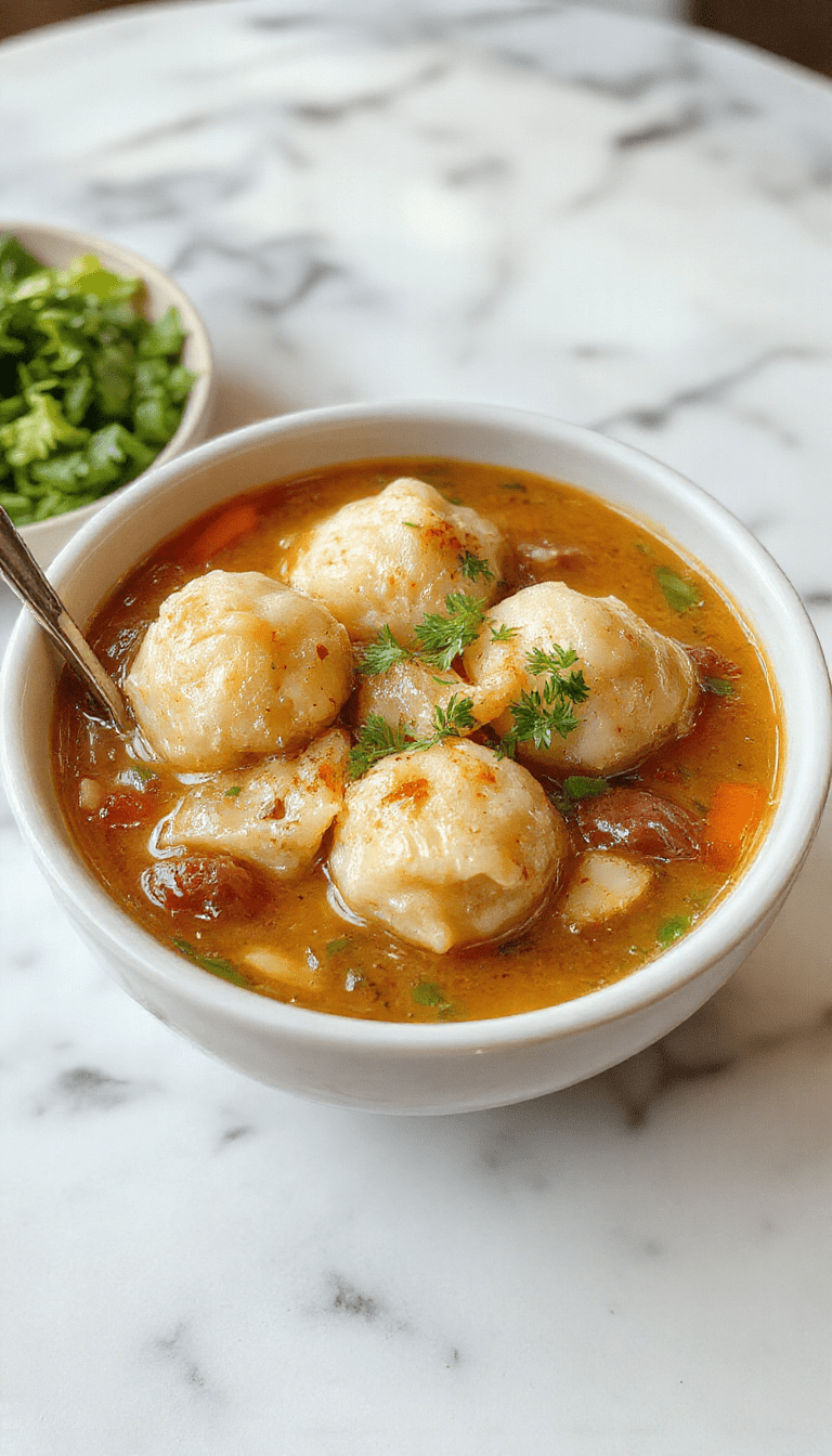Vibrant bowl of curry dumpling soup featuring golden-brown steamed dumplings floating in a rich, spicy yellow curry broth garnished with fresh herbs and colorful vegetables, styled on a rustic wooden table with warm lighting accentuating textures.