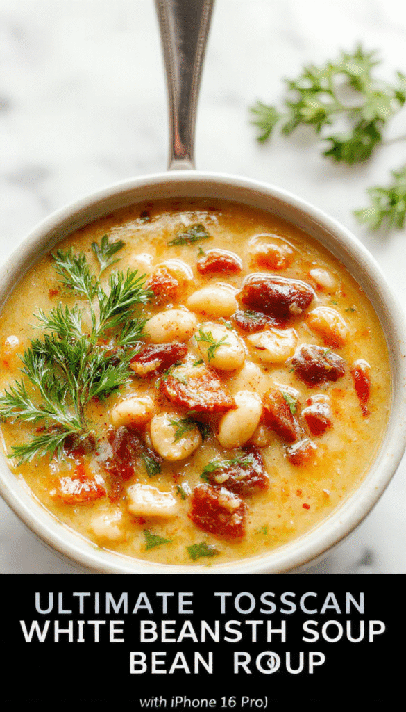 A steaming bowl of Tuscan white bean soup garnished with fresh herbs and drizzled with olive oil, served alongside rustic bread on a wooden table with vibrant greens in the background