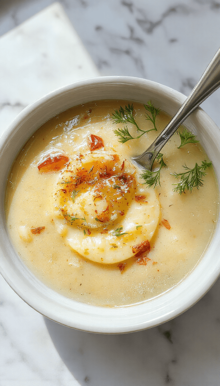 A steaming bowl of vegan roasted garlic potato soup layered with a swirl of coconut cream, garnished with fresh herbs, served on a rustic wooden table with crusty bread beside it.