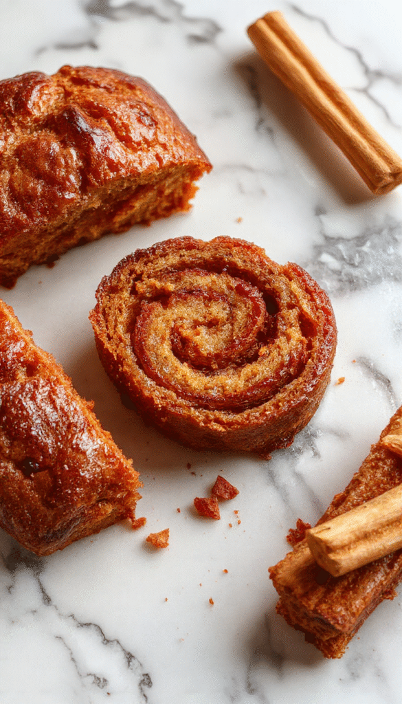 A slice of moist pumpkin bread with a cinnamon swirl on top, golden-brown crust, served on a rustic wooden plate with a sprinkle of cinnamon and a dollop of butter, vibrant orange pumpkin filling visible inside, styled with a cozy fall background.