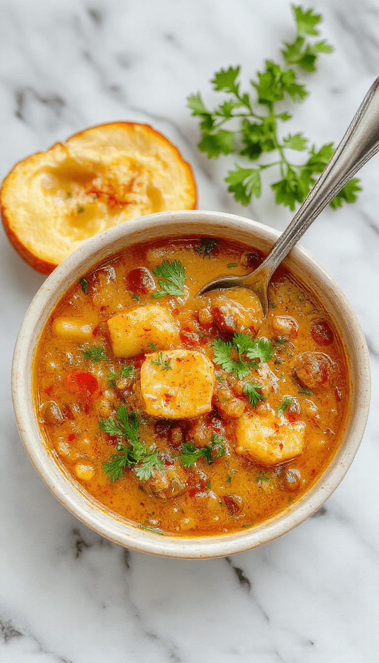 A rustic bowl of hearty lentil and potato soup garnished with fresh herbs, surrounded by diced potatoes and lentils on a wooden table with warm lighting