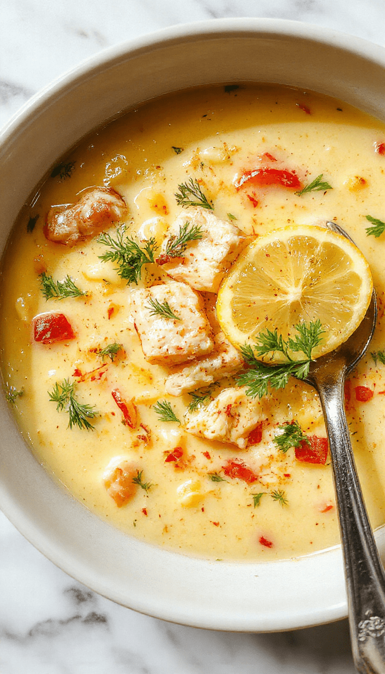A steaming bowl of Lemon Chicken Orzo Soup shows vibrant yellow lemon slices, shredded chicken, tender orzo pasta, and fresh herbs sprinkled on top, with a creamy broth and colorful vegetables around the bowl on a rustic wooden table.