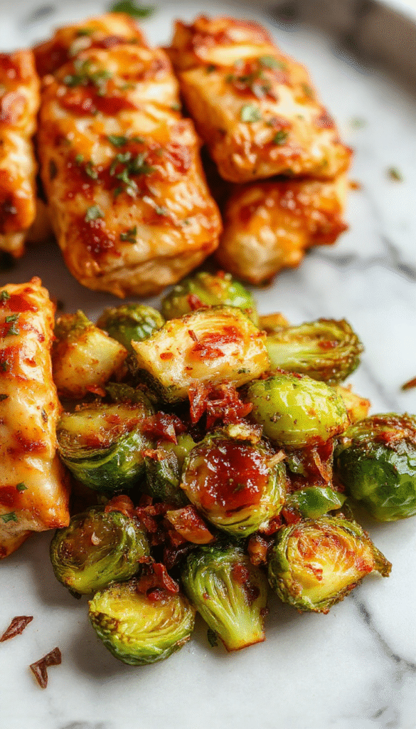 Colorful dish featuring golden-brown crispy chicken coated in glossy sweet chili sauce, served alongside roasted Brussels sprouts with caramelized edges, garnished with chopped green onions on a white plate, styled with fresh herbs and sesame seeds