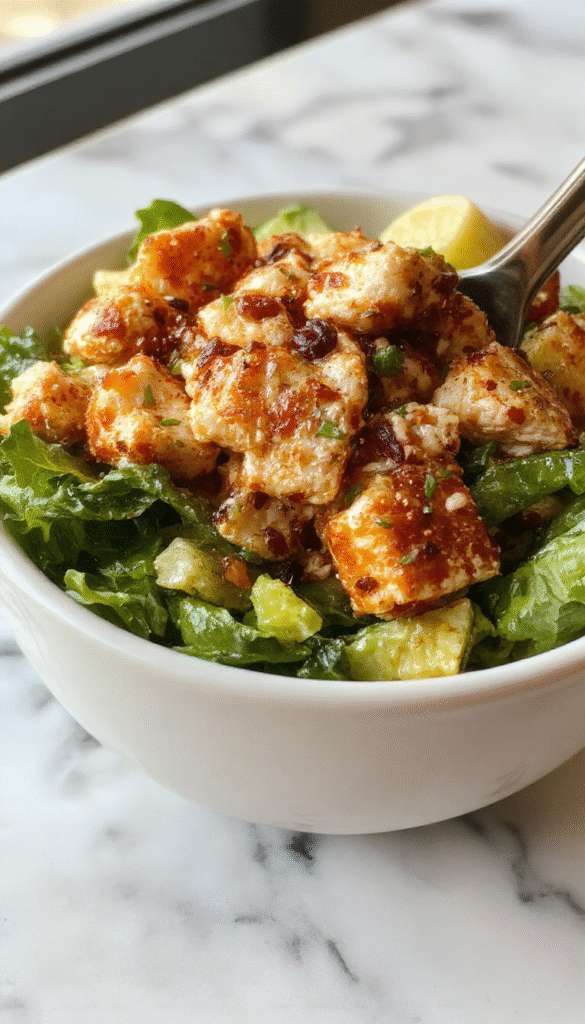 Colorful Asian Chicken Crunch Salad plated beautifully with shredded chicken, vibrant vegetables, and crunchy crispy wonton strips, garnished with fresh herbs and sesame seeds, on a modern white plate with a bright background.