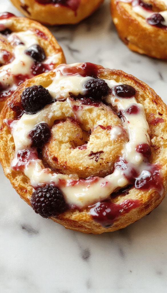 A sliced loaf of blueberry cream cheese bread showcasing a golden crust and a vibrant swirl of blueberries and cream cheese filling inside, garnished with fresh blueberries and powdered sugar on a rustic wooden surface.