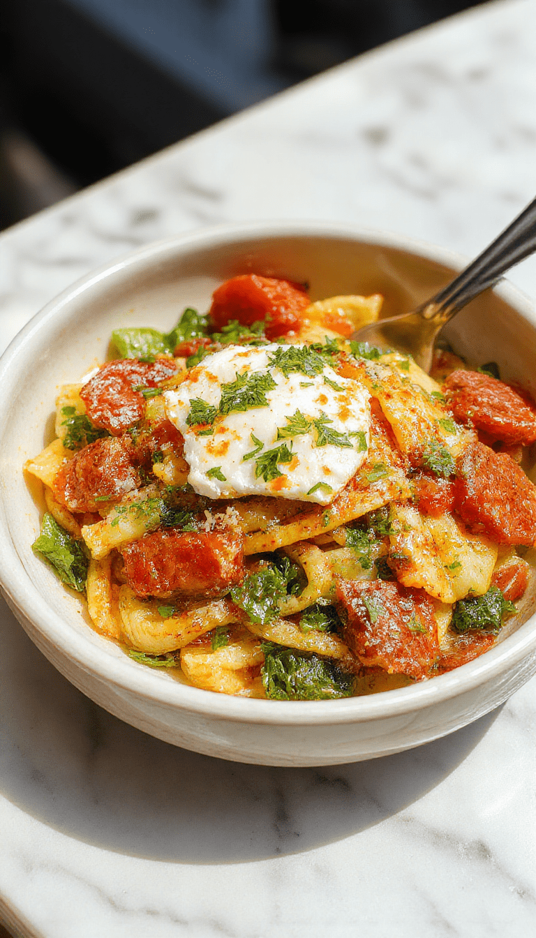 A vibrant plate of veggie pasta featuring spiralized zucchini, cherry tomatoes, and herbs, topped with golden baked feta cheese, presented on a rustic white plate with fresh basil garnish, set against a colorful background with natural lighting highlighting textures and colors.