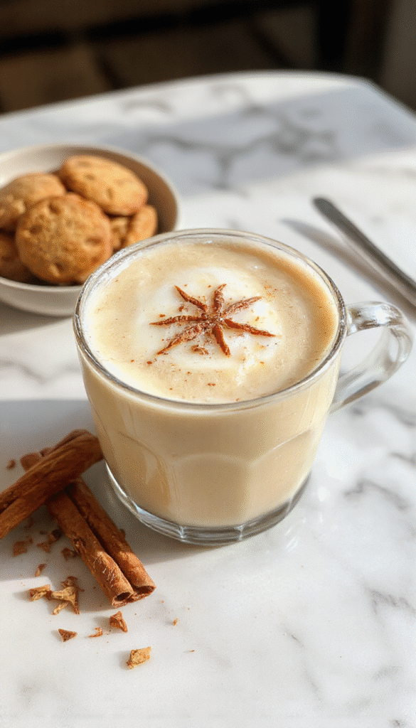 A steaming glass of vanilla cinnamon latte topped with whipped cream and a sprinkle of cinnamon, served on a rustic wooden table with cinnamon sticks and vanilla beans, showcasing a warm and inviting beverage with rich caramel hues and frothy textures.