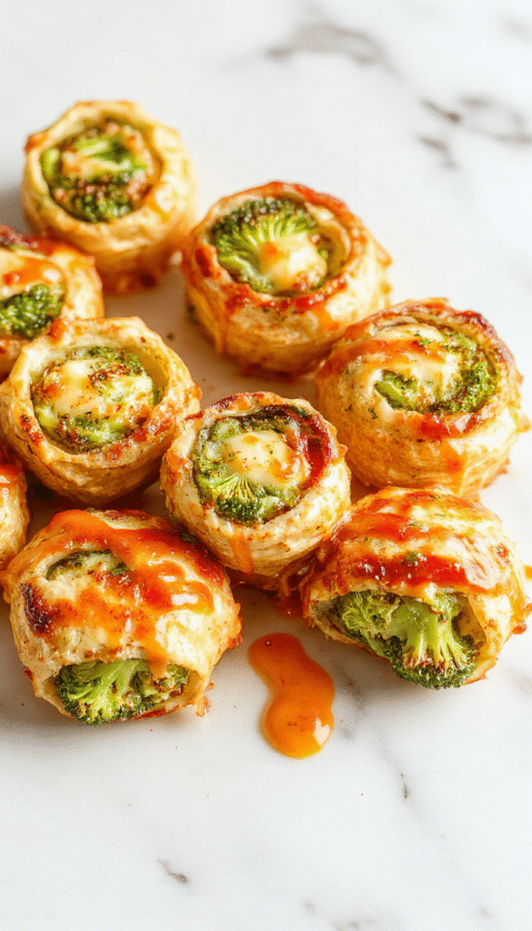 Colorful broccoli cheese pinwheels arranged on a white plate, showcasing golden-brown crispy edges and vibrant green broccoli flecks, topped with melted cheese, styled with a playful toddler-friendly presentation.