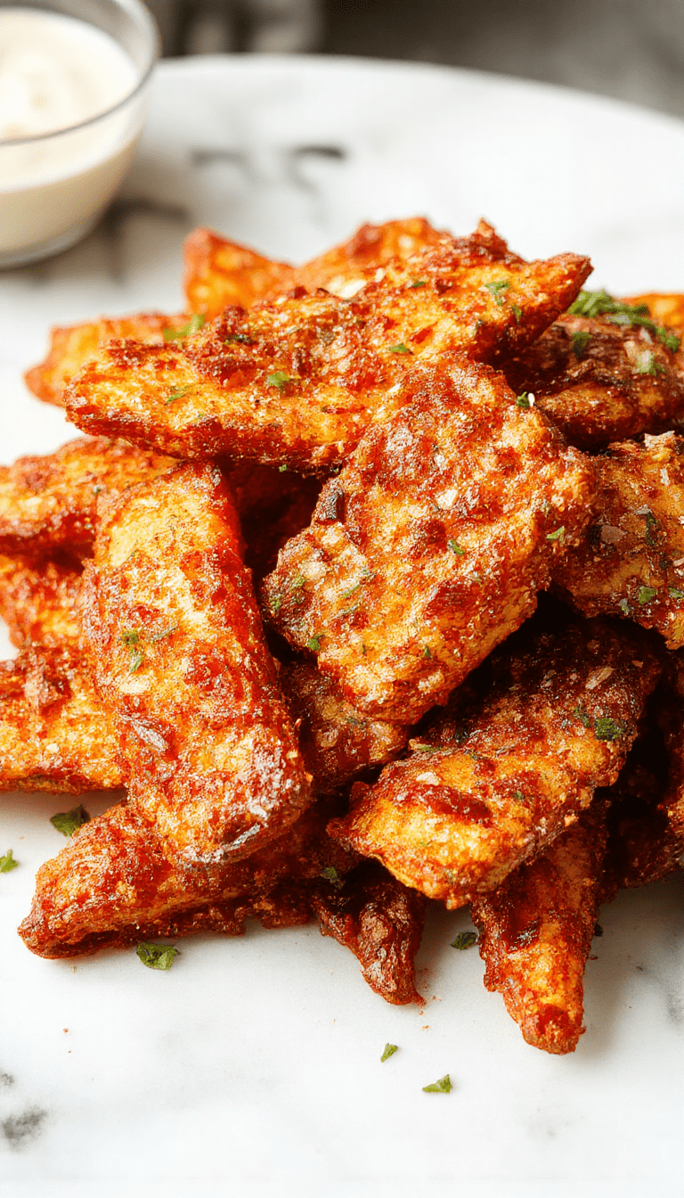 A close-up image of golden crispy oven baked sweet potato fries arranged on a white plate, garnished with fresh herbs, showcasing their crunchy texture and vibrant orange color against a rustic wooden background.