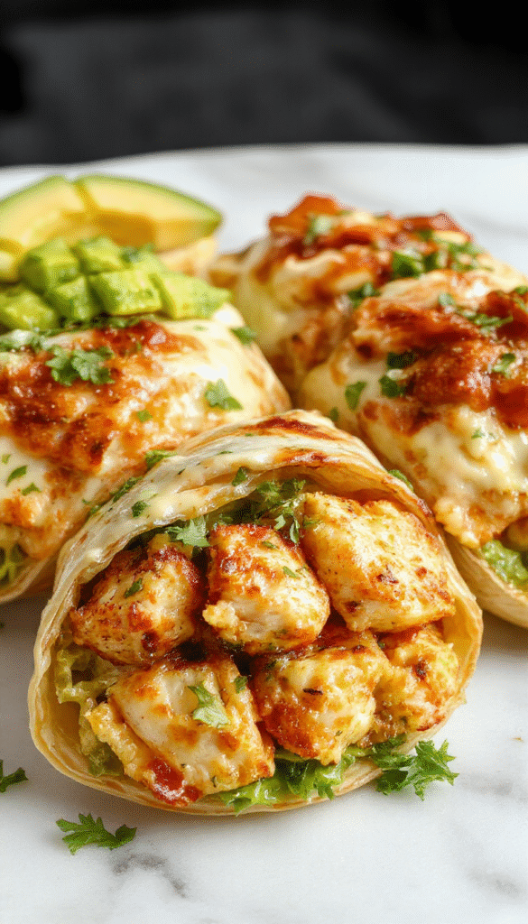 A colorful chicken avocado wrap sliced in half revealing fresh green avocado, tender grilled chicken pieces, crisp lettuce, and ripe tomatoes wrapped in a soft tortilla, styled on a rustic wooden plate with a side of chopped vegetables and a drizzle of sauce.