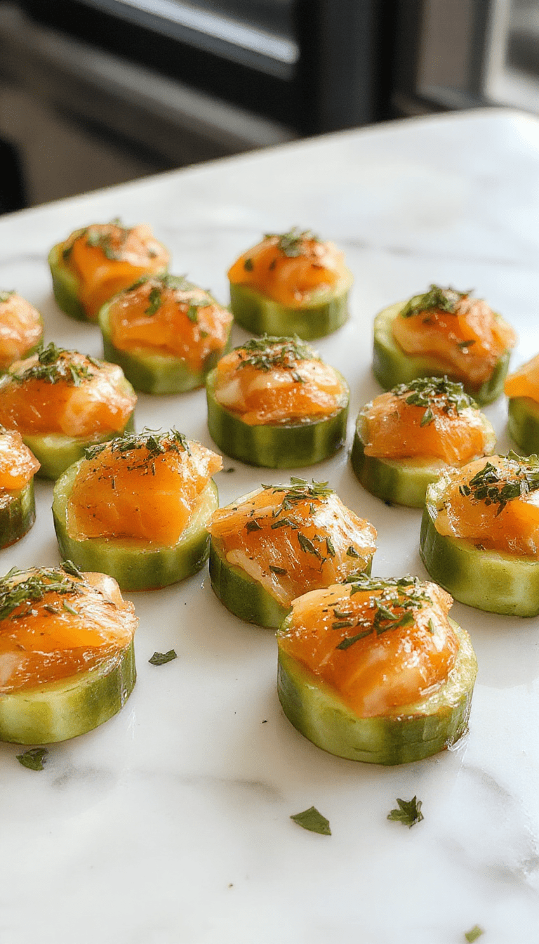 Colorful cucumber slices topped with delicate smoked salmon curls, garnished with fresh dill and lemon zest, plated on a sleek white dish with a vibrant green and orange color palette, showcasing textures from crisp cucumber and silky salmon, styled with elegant minimalism.