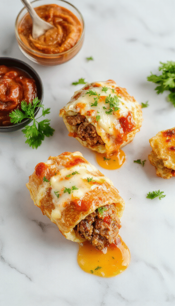 Colorful image of golden-brown keto Philly cheesesteak rolls arranged on a rustic wooden board, filled with tender beef, melted cheese, green peppers, and onions, garnished with fresh herbs; the rolls have a crispy exterior with melted cheese oozing out, styled with a side of chopped vegetables and dipping sauce.