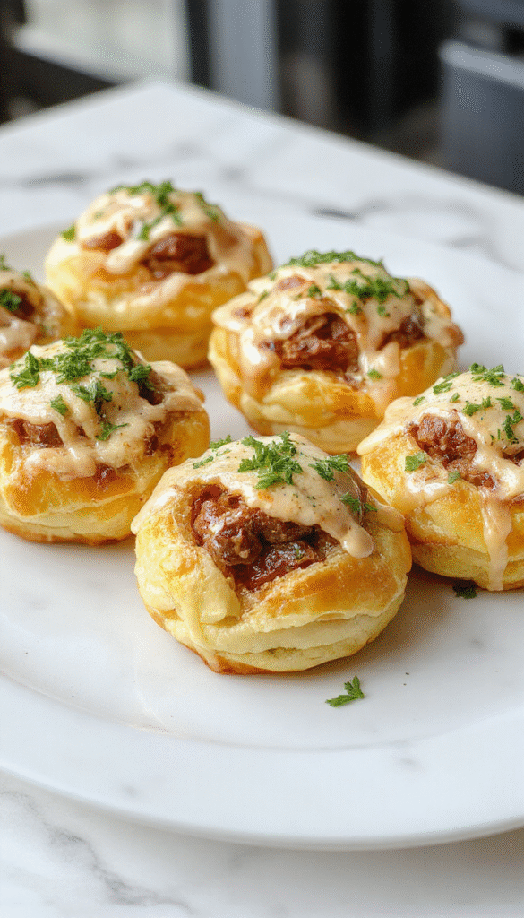 Golden brown pastry puffs filled with tender pulled beef sit on a rustic wooden platter, garnished with fresh herbs. The flaky layers and juicy filling are visible, with a light sheen of glaze, styled for an appetizing, homey presentation against a soft-focus background.