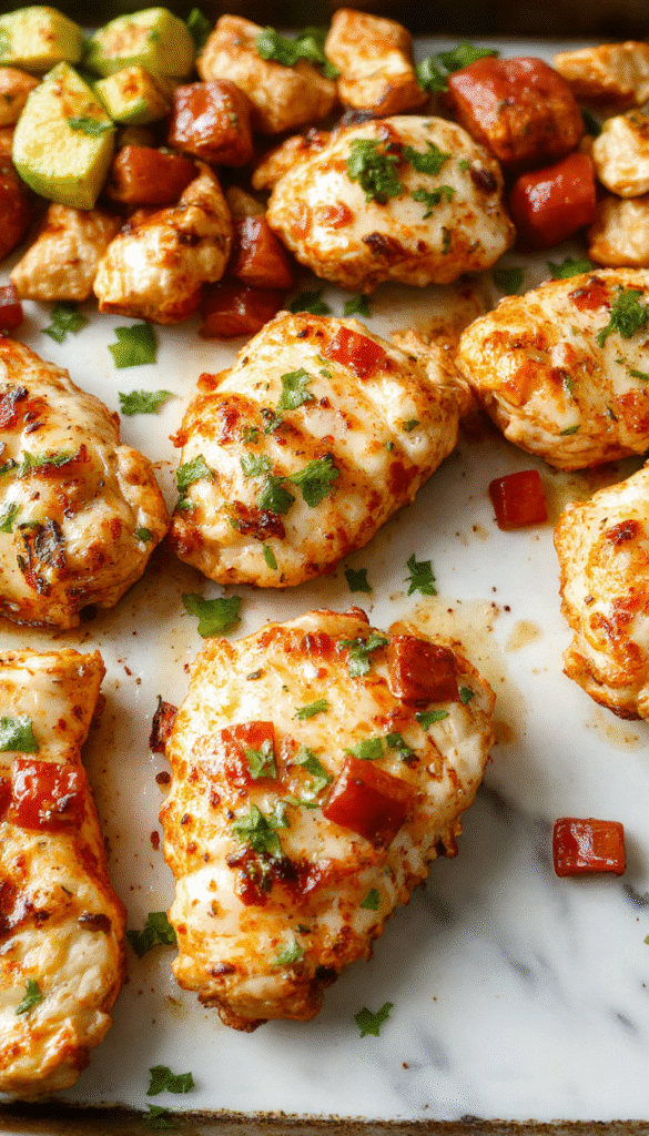 Colorful sheet pan chicken fajitas featuring sliced bell peppers and onions arranged around seasoned grilled chicken strips, garnished with fresh cilantro and lime wedges, with a rustic wooden background enhancing the vibrant textures and inviting presentation.