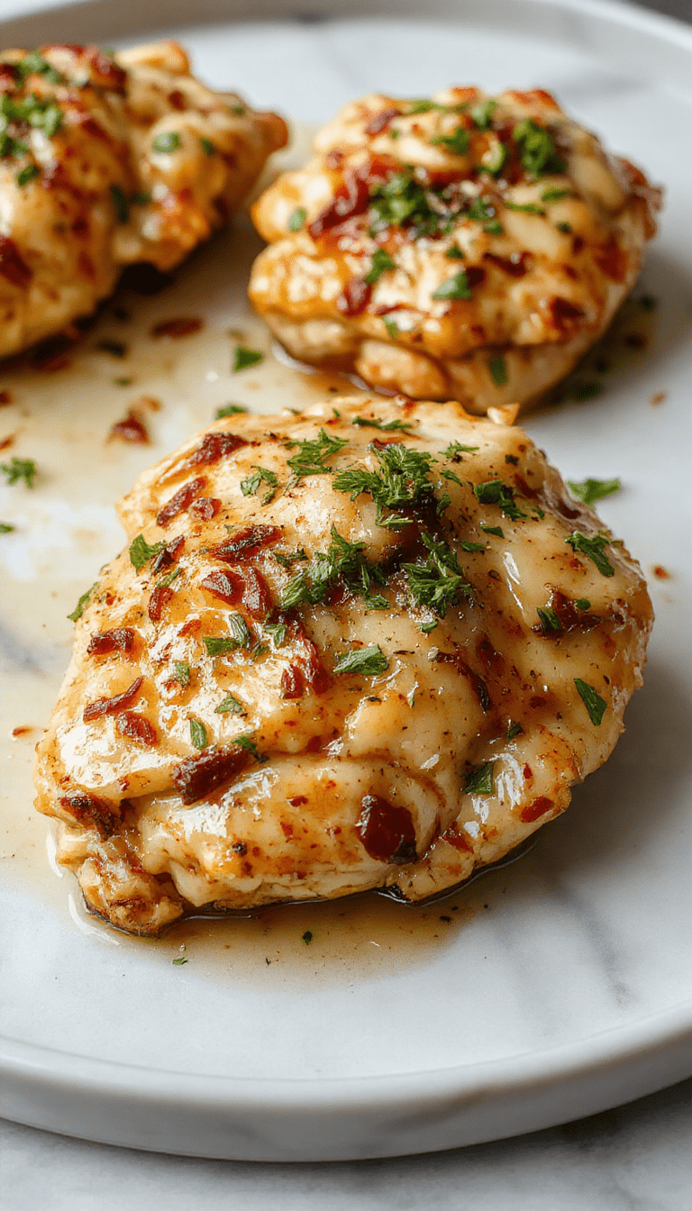 A close-up shot of a delicious garlic butter chicken dish on a white plate, garnished with fresh parsley. The chicken has a golden brown, crispy exterior with a glossy garlic butter glaze. Surrounding the chicken are lemon wedges, sprigs of thyme, and a side of roasted vegetables, all styled on a rustic wooden table with natural lighting.