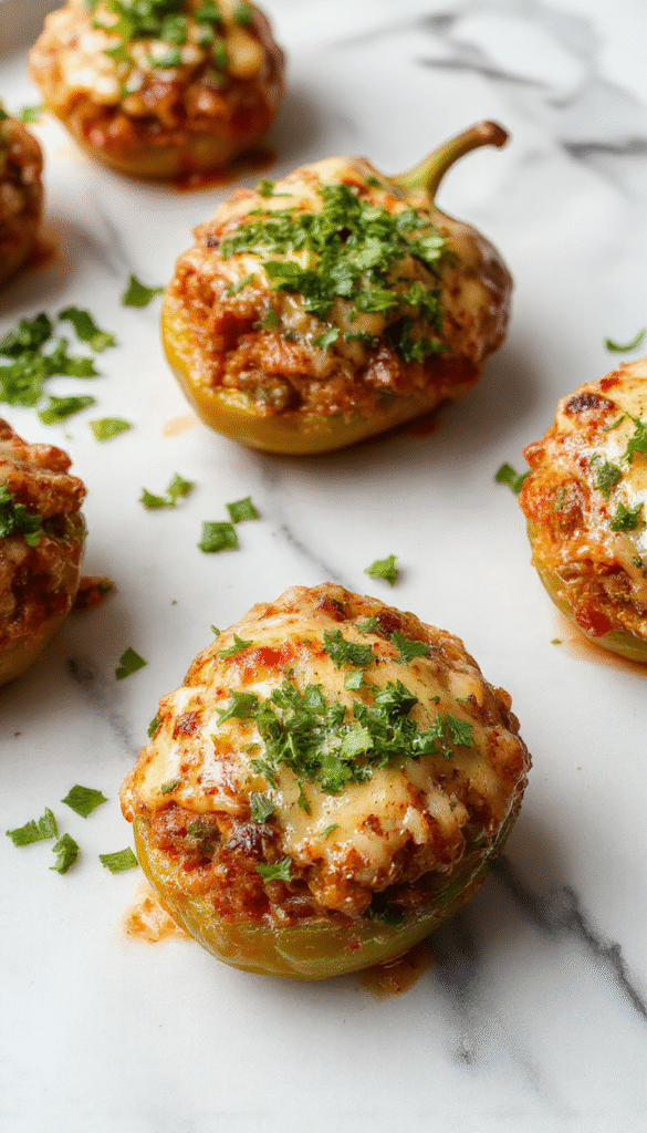 Colorful bell peppers filled with seasoned ground beef and cheese, topped with fresh lettuce and tomatoes, arranged on a rustic wooden platter with vibrant garnishes, creating an appetizing and inviting presentation.