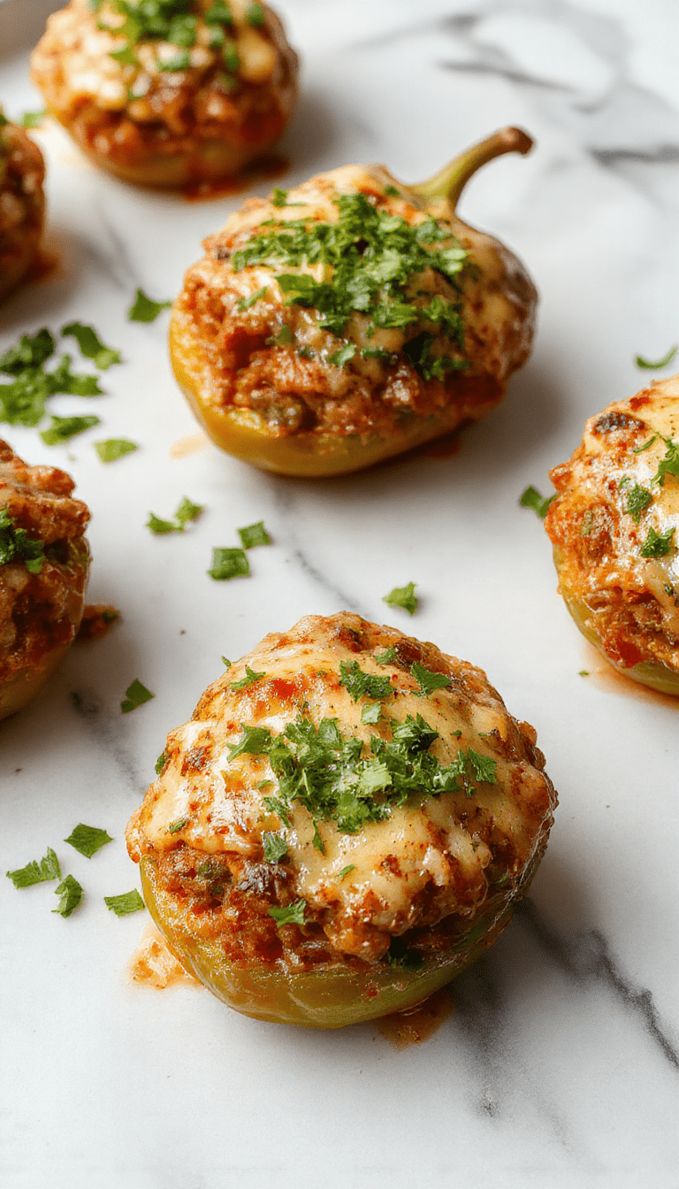 Colorful bell peppers filled with seasoned ground beef and cheese, topped with fresh lettuce and tomatoes, arranged on a rustic wooden platter with vibrant garnishes, creating an appetizing and inviting presentation.