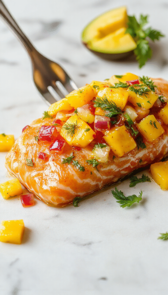 Colorful plated salmon fillet topped with vibrant mango salsa, garnished with fresh cilantro and lime wedges, set on a rustic wooden table with tropical accents
