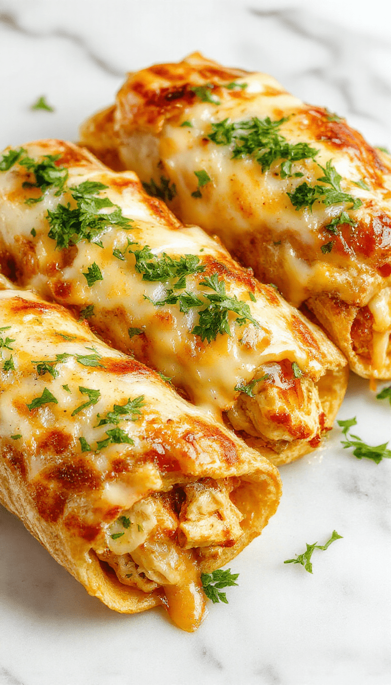 A close-up of cheesy garlic chicken wraps on a white plate, showcasing golden-brown grilled chicken stuffed in soft flour tortillas, topped with melted cheese, fresh parsley, and a drizzle of garlic sauce, with a vibrant background of chopped herbs and sliced garlic.