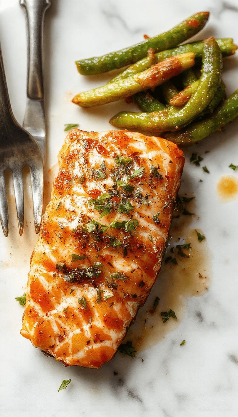 A beautifully plated air fryer salmon fillet with golden crispy edges, topped with fresh herbs, served on a white ceramic plate with lemon wedges, vibrant green asparagus spears on the side, and a rustic wooden table background.