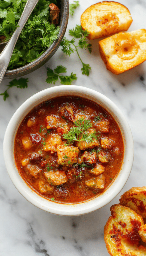 A rustic bowl of hearty poor man's stew showcasing chunks of tender beef, carrots, potatoes, and onions, garnished with fresh herbs on a dark wooden surface, steam rising giving a warm and inviting feel.