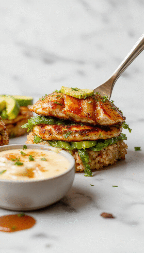 Colorful stacked presentation of honey lime glazed chicken slices, creamy avocado, and fluffy rice on a rustic wooden platter, garnished with lime wedges and herbs, vibrant and inviting.