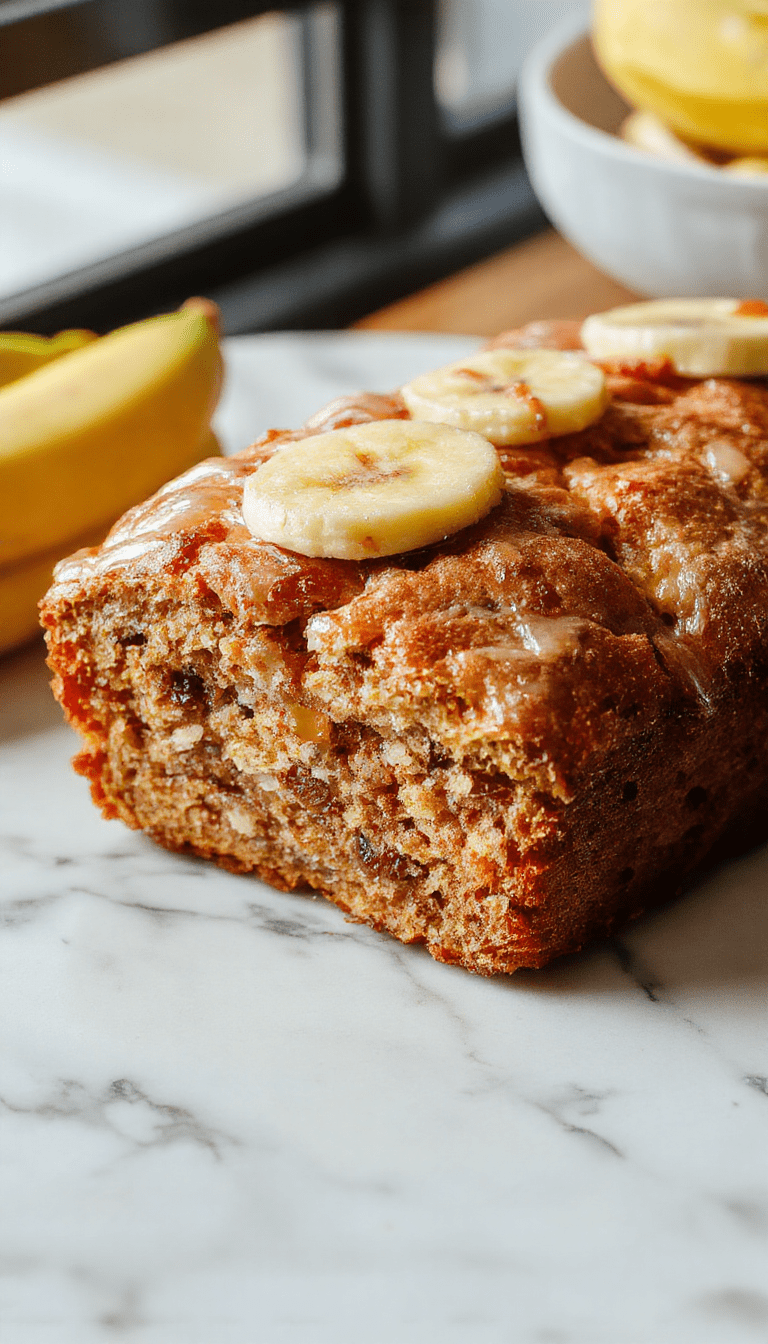 A close-up of freshly baked banana bread on a rustic wooden table, showcasing a golden-brown crust, sliced to reveal moist, fluffy interior with visible banana chunks, garnished with a sprinkle of powdered sugar and a few banana slices, styled with a vintage plate and natural lighting emphasizing the inviting texture and warm tones.