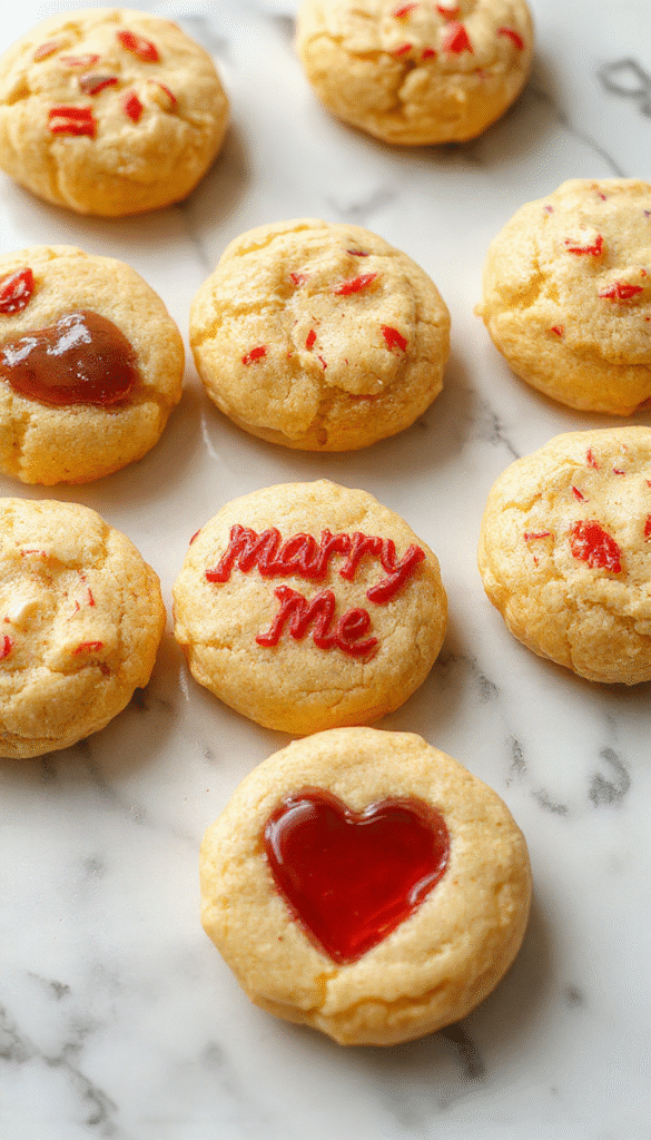 A close-up of golden-brown Marry Me Cookies arranged on a rustic wooden plate, showcasing their crispy edges and gooey chocolate chips, with a soft-focus background of baking ingredients and a rolling pin.