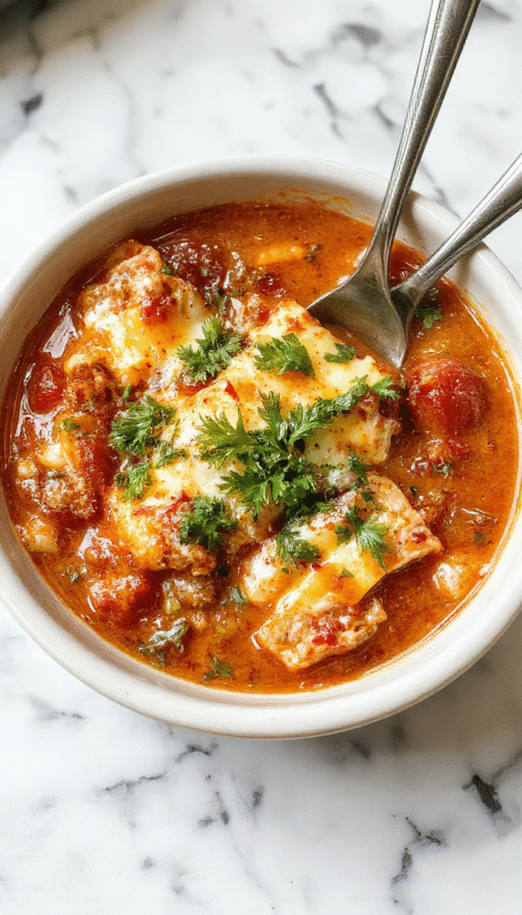 A vibrant bowl of high protein lasagna soup featuring layers of ground meat, gooey melted cheese, and fresh herbs, served in a rustic white bowl on a wooden table, garnished with basil leaves and a sprinkle of Parmesan cheese, with a spoon resting beside the bowl showcasing the rich, creamy broth and tender pasta.