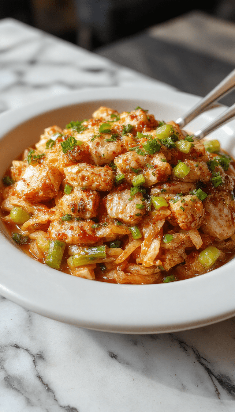 A steaming bowl of Chicken Chow Mein featuring golden-brown stir-fried chicken and vibrant vegetables atop glossy, tender noodles, garnished with chopped scallions and sesame seeds, artfully styled in a rustic bowl with chopsticks resting on the side.