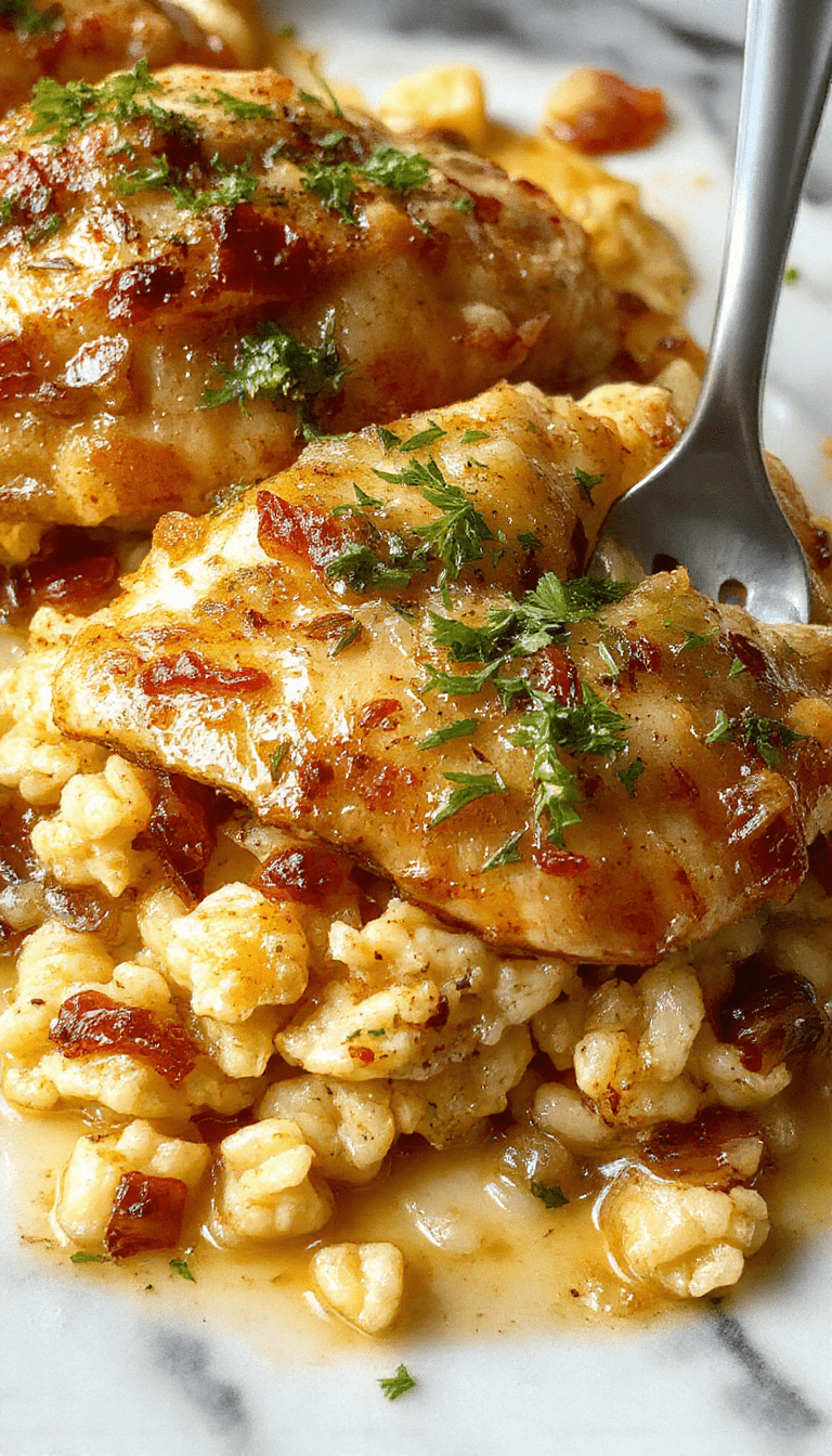 A close-up of a golden-baked chicken orzo casserole featuring caramelized onions, melted cheese, and fresh herbs, served in a rustic dish with crispy edges and a bubbling, cheesy top