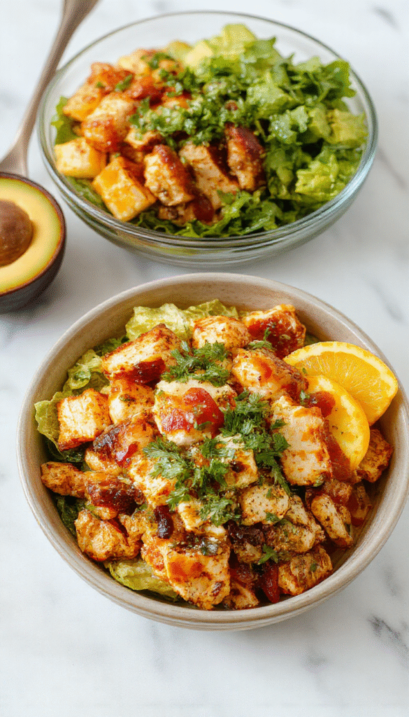 Colorful chicken burrito bowls featuring diced grilled chicken, vibrant red and green bell peppers, black beans, corn, and fresh cilantro on a white plate, topped with shredded cheese and a squeeze of lime, styled with a rustic wooden background