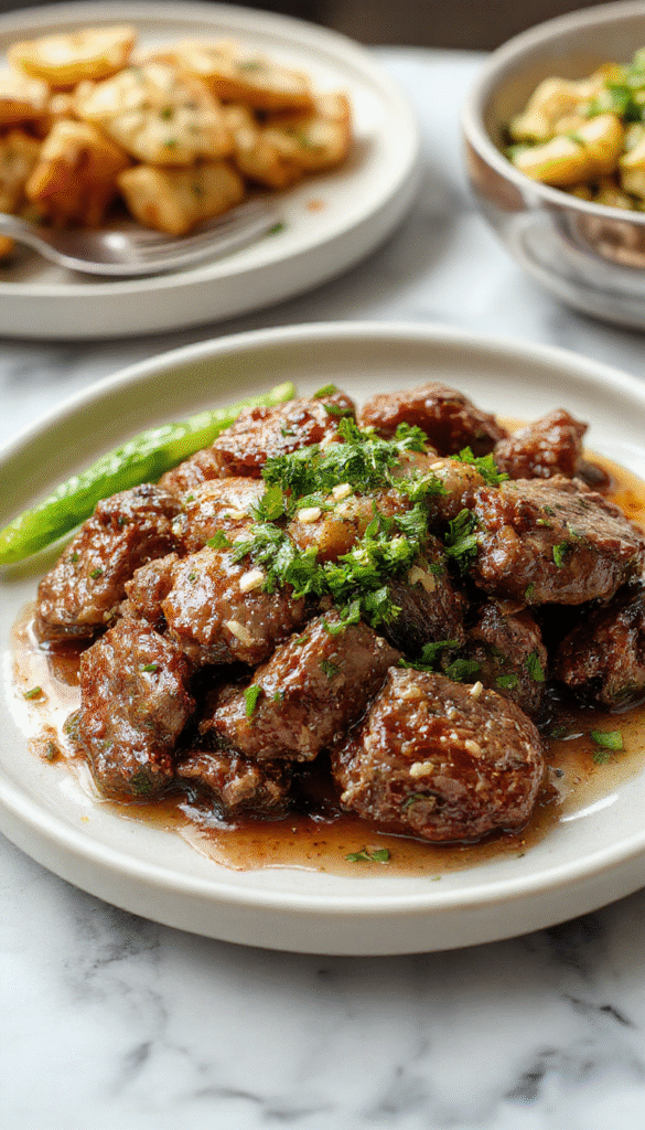 Colorful pepper steak served in a rustic white bowl, featuring vibrant red, green, and yellow bell peppers surrounding tender sliced beef coated in rich gravy, with a side of steamed rice and fresh herbs on a wooden table.