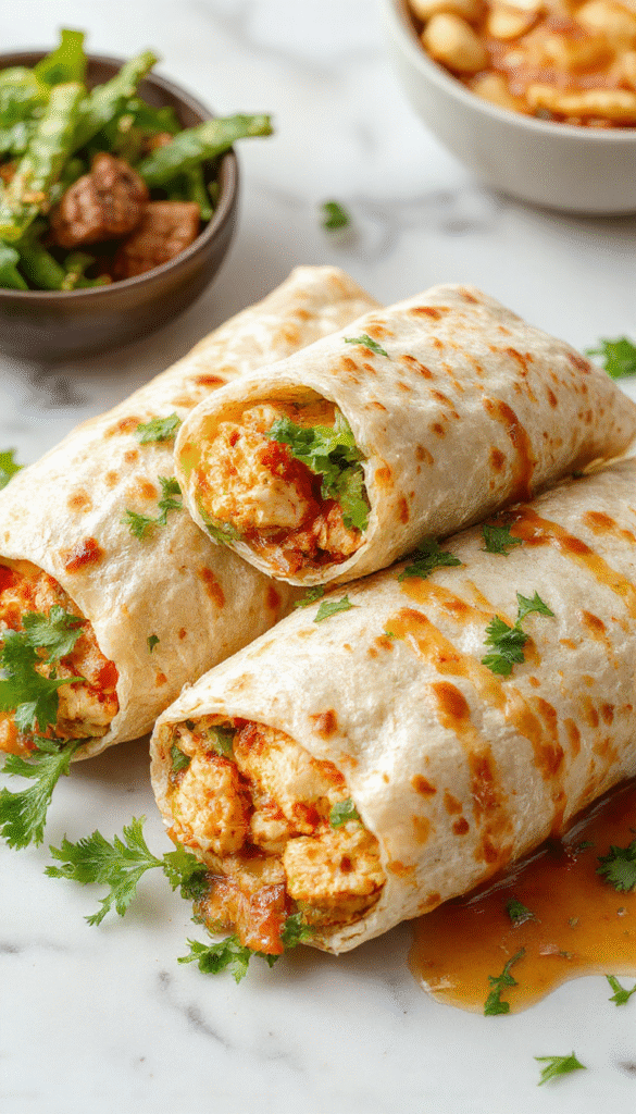 Colorful plate featuring golden-brown chicken slices coated with glossy sweet chili sauce, wrapped in fresh flour tortillas with crisp vegetables and sesame seeds, styled on a rustic wooden surface with vibrant garnishes.