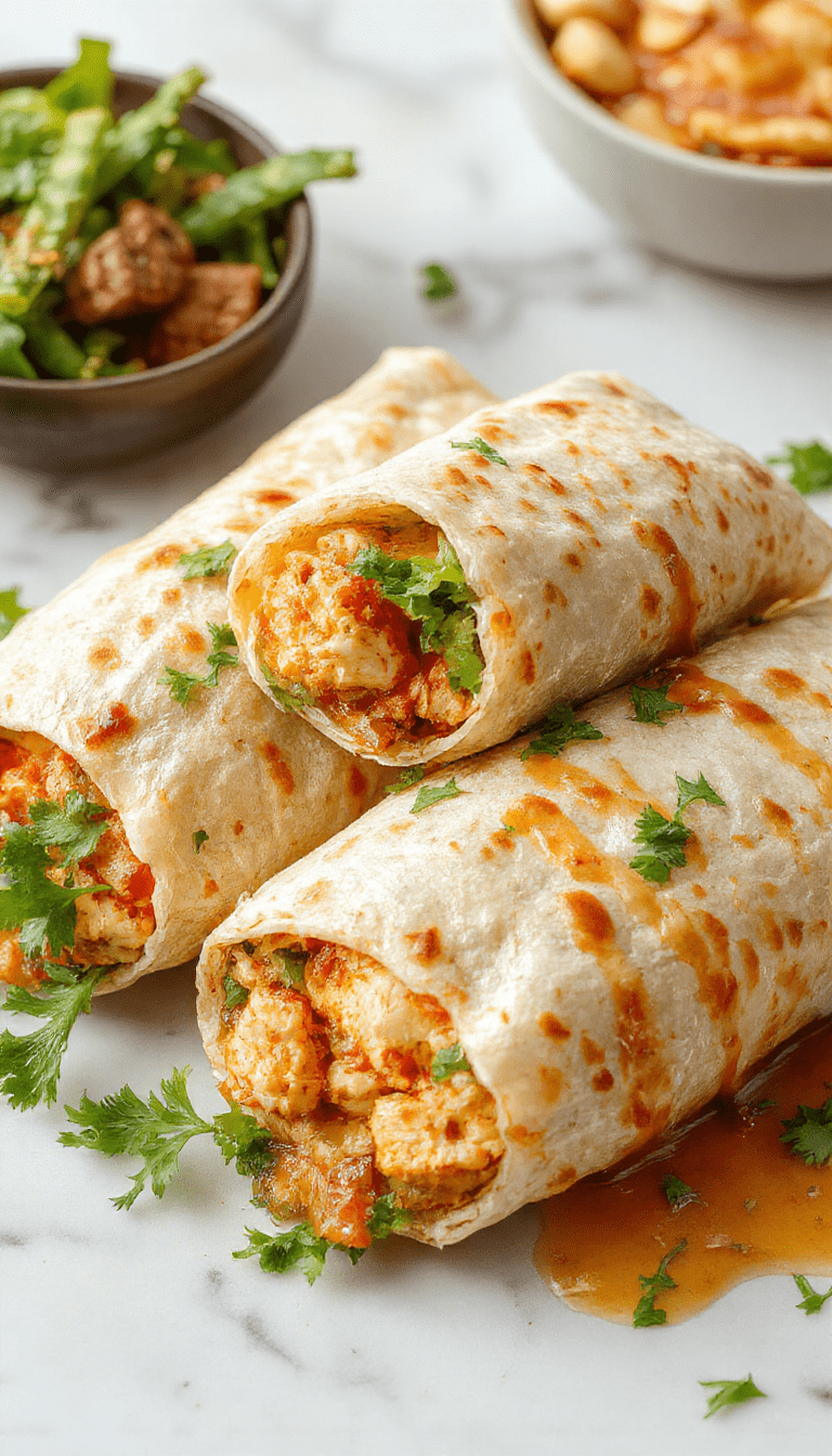 Colorful plate featuring golden-brown chicken slices coated with glossy sweet chili sauce, wrapped in fresh flour tortillas with crisp vegetables and sesame seeds, styled on a rustic wooden surface with vibrant garnishes.