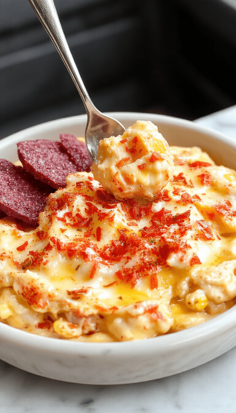 A vibrant bowl of crack corn dip with melted cheese, crispy corn chips arranged around the bowl, topped with diced tomatoes, green onions, and melted cheese, all on a rustic wooden table styled for a casual party setting