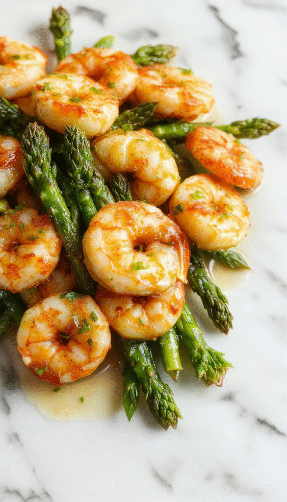 A vibrant plate featuring succulent pink shrimp coated in glossy lemon garlic sauce, nestled beside bright green asparagus spears. The dish is garnished with fresh herbs and lemon slices, presented on a white ceramic plate with a rustic wooden background, highlighting its fresh and flavorful appeal.