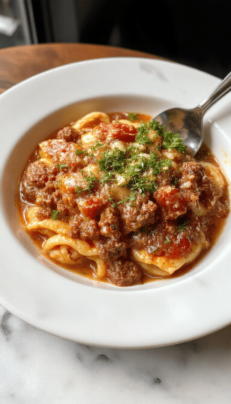 A close-up of a creamy ground beef orzo dish plated in a white bowl, featuring tender orzo pasta mixed with juicy ground beef, vibrant red tomato sauce, and a sprinkle of fresh herbs, all styled on a rustic wooden table.