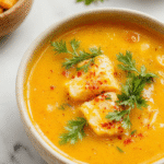 A vibrant bowl of golden turmeric chicken soup garnished with fresh herbs and sliced lemon, steam rising gently, placed on a rustic wooden table with leafy greens nearby